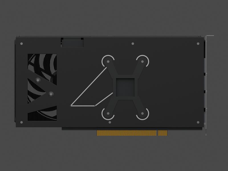 Backplate side of our approximate 3D model of the ASUS Dual GeForce RTX 5060 Ti O16G (render of our approximate model, not a product photograph)