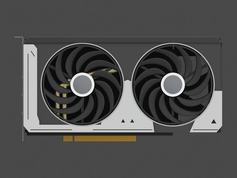 Fan side of our approximate 3D model of the ASUS Dual GeForce RTX 5060 Ti O16G (render of our approximate model, not a product photograph)