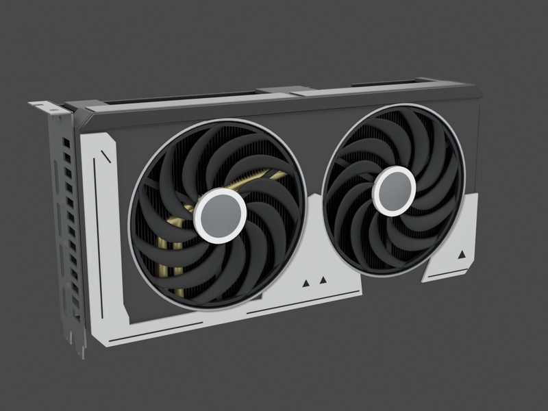 Three-quarter view of our approximate 3D model of the ASUS Dual GeForce RTX 5060 Ti O16G (render of our approximate model, not a product photograph)