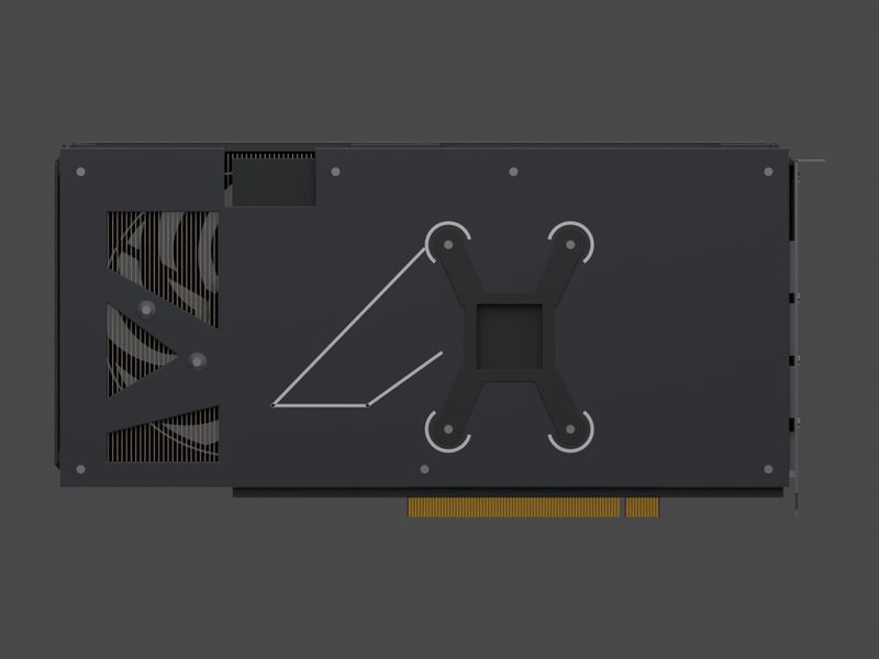 Backplate side of our approximate 3D model of the ASUS Dual GeForce RTX 5070 O12G (render of our approximate model, not a product photograph)