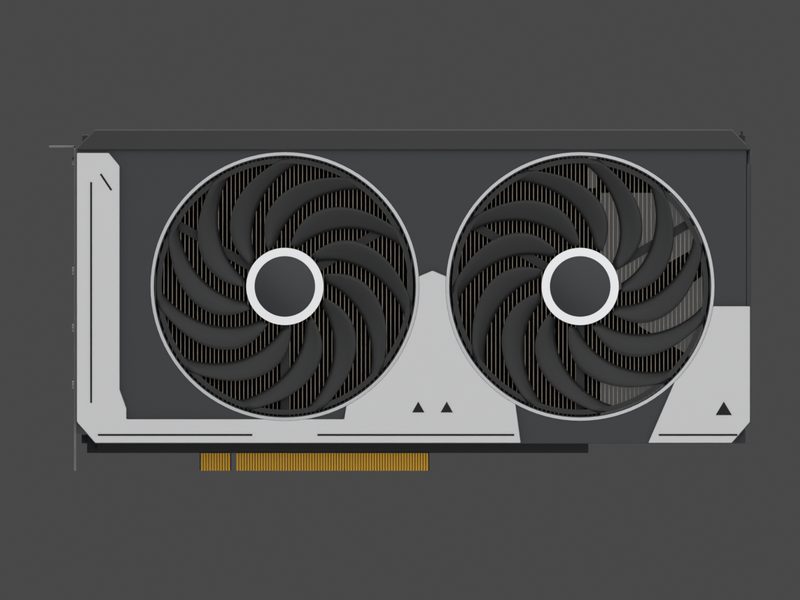 Fan side of our approximate 3D model of the ASUS Dual GeForce RTX 5070 O12G (render of our approximate model, not a product photograph)