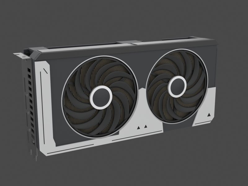 Three-quarter view of our approximate 3D model of the ASUS Dual GeForce RTX 5070 O12G (render of our approximate model, not a product photograph)