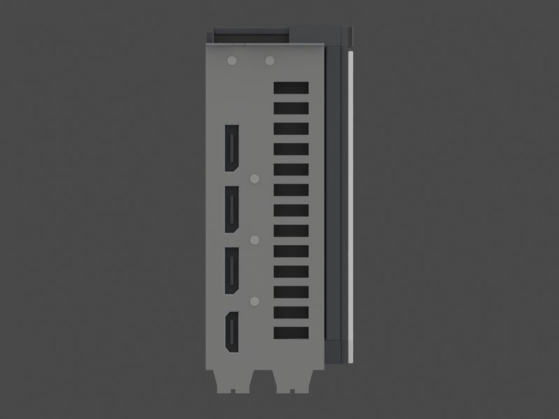 Output bracket end of our approximate 3D model of the ASUS Dual GeForce RTX 5070 O12G (render of our approximate model, not a product photograph)