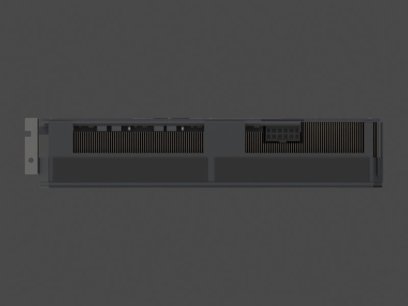 Top edge with the power socket of our approximate 3D model of the ASUS Dual GeForce RTX 5070 O12G (render of our approximate model, not a product photograph)