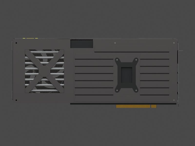 Backplate side of our approximate 3D model of the ASUS TUF GeForce RTX 5080 O16G (render of our approximate model, not a product photograph)