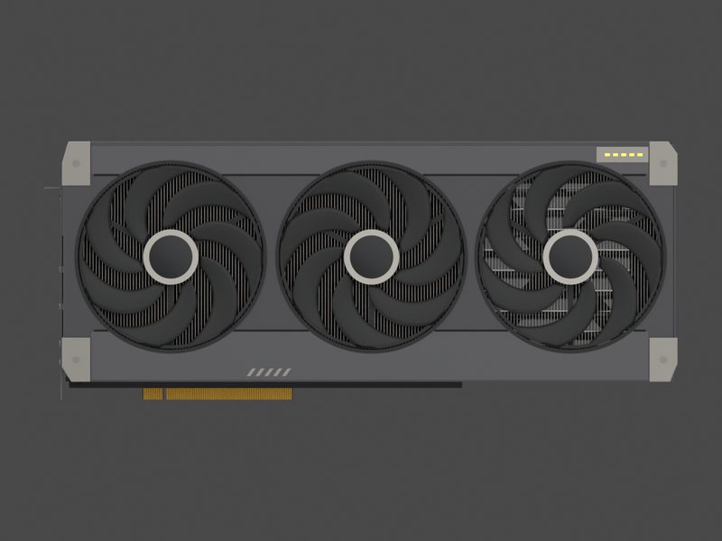 Fan side of our approximate 3D model of the ASUS TUF GeForce RTX 5080 O16G (render of our approximate model, not a product photograph)