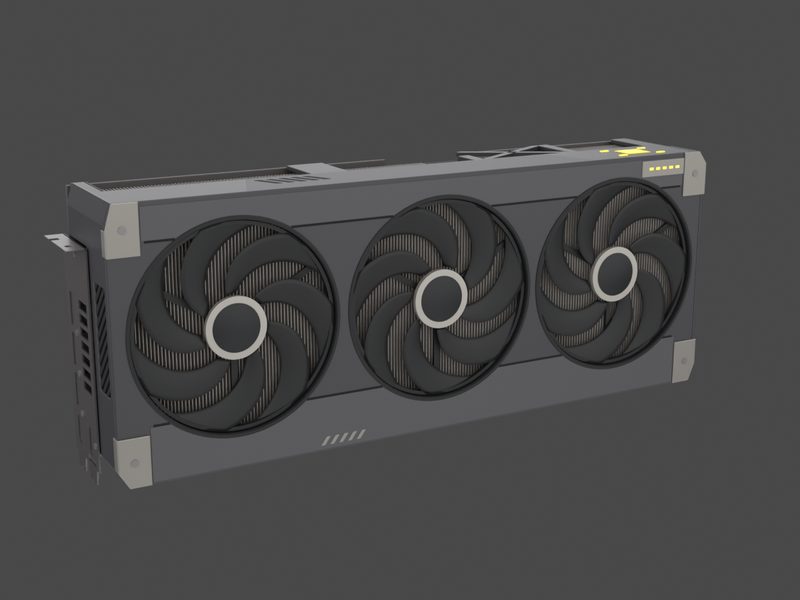 Three-quarter view of our approximate 3D model of the ASUS TUF GeForce RTX 5080 O16G (render of our approximate model, not a product photograph)