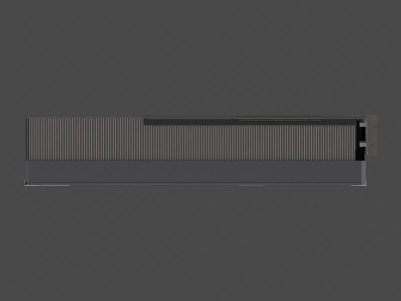 Lower edge with the PCIe connector of our approximate 3D model of the ASUS TUF GeForce RTX 5080 O16G (render of our approximate model, not a product photograph)