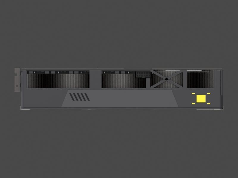 Top edge with the power socket of our approximate 3D model of the ASUS TUF GeForce RTX 5080 O16G (render of our approximate model, not a product photograph)