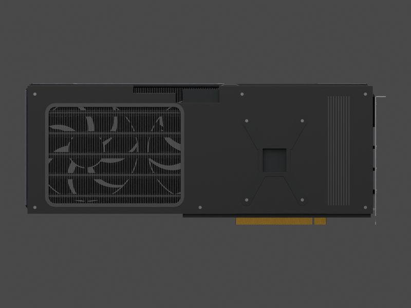 Backplate side of our approximate 3D model of the Gigabyte GeForce RTX 5070 GAMING OC 12G (render of our approximate model, not a product photograph)