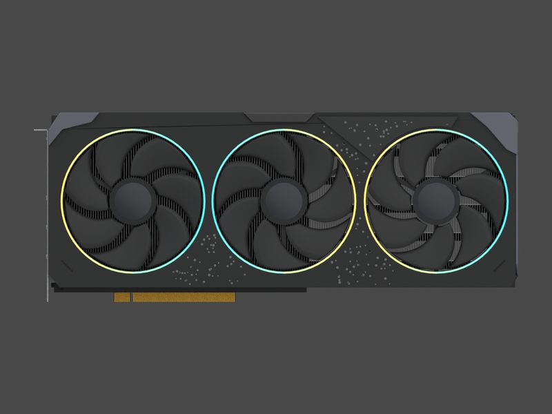 Fan side of our approximate 3D model of the Gigabyte GeForce RTX 5070 GAMING OC 12G (render of our approximate model, not a product photograph)