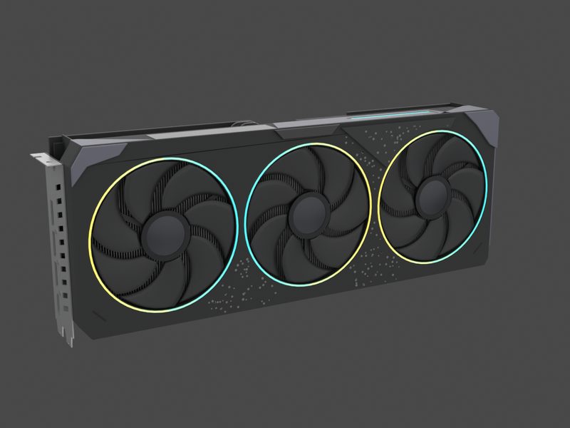 Three-quarter view of our approximate 3D model of the Gigabyte GeForce RTX 5070 GAMING OC 12G (render of our approximate model, not a product photograph)