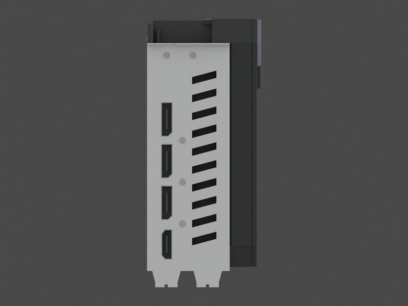 Output bracket end of our approximate 3D model of the Gigabyte GeForce RTX 5070 GAMING OC 12G (render of our approximate model, not a product photograph)