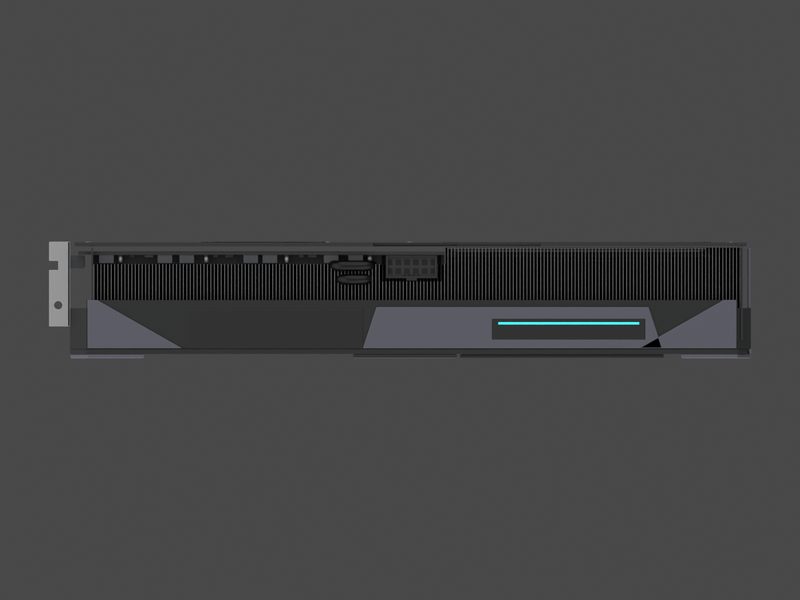 Top edge with the power socket of our approximate 3D model of the Gigabyte GeForce RTX 5070 GAMING OC 12G (render of our approximate model, not a product photograph)