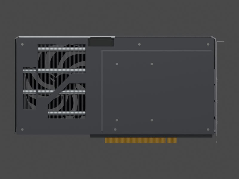 Backplate side of our approximate 3D model of the MSI GeForce RTX 5070 Ventus 2X OC (render of our approximate model, not a product photograph)