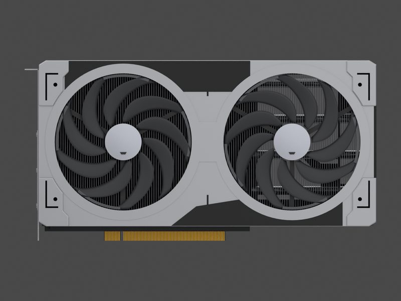Fan side of our approximate 3D model of the MSI GeForce RTX 5070 Ventus 2X OC (render of our approximate model, not a product photograph)