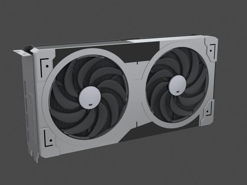 Three-quarter view of our approximate 3D model of the MSI GeForce RTX 5070 Ventus 2X OC (render of our approximate model, not a product photograph)