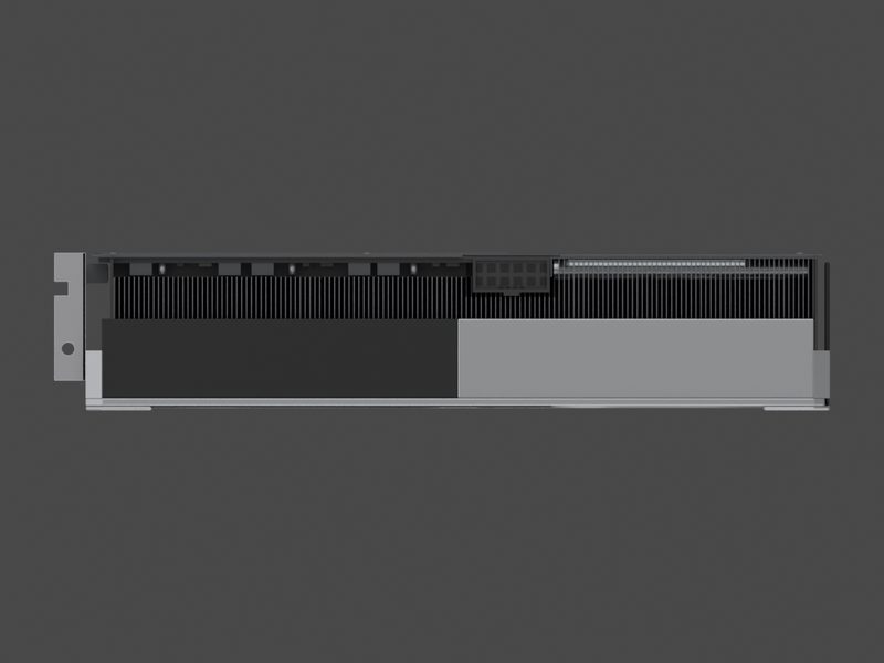 Top edge with the power socket of our approximate 3D model of the MSI GeForce RTX 5070 Ventus 2X OC (render of our approximate model, not a product photograph)