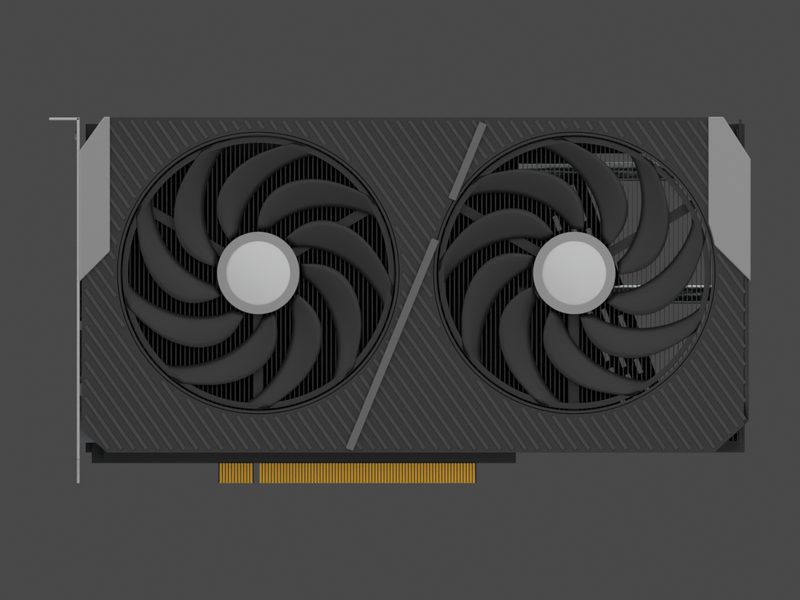 Fan side of our approximate 3D model of the Zotac GeForce RTX 5060 Ti 16GB Twin Edge OC (render of our approximate model, not a product photograph)