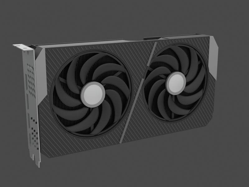 Three-quarter view of our approximate 3D model of the Zotac GeForce RTX 5060 Ti 16GB Twin Edge OC (render of our approximate model, not a product photograph)